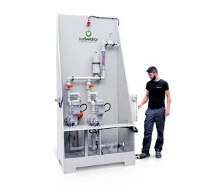 Chemical Dosing System with a man stood next to it, on a white background