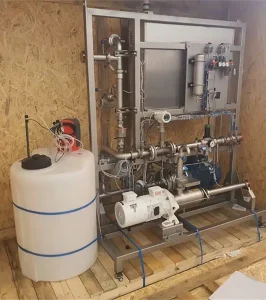 a SLES dilution system in a wooden palette to be shipped to cosmetics manufacturer