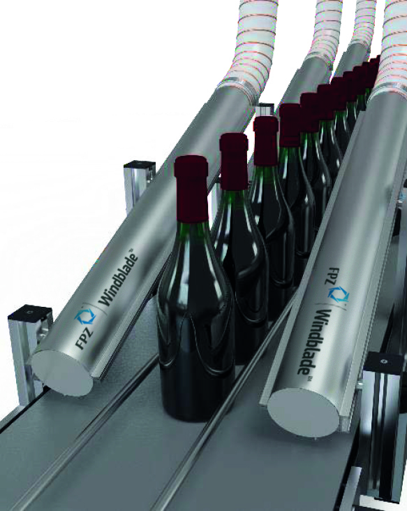 windblade air knife working on a production line with wine bottles